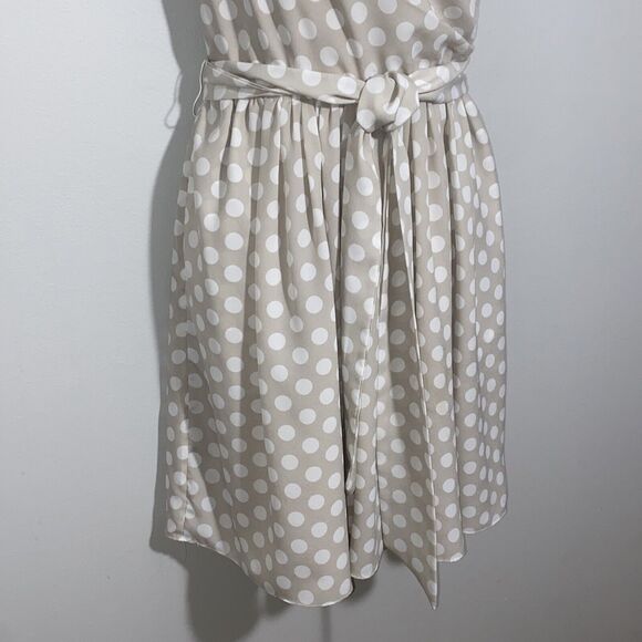 EUC Express Size 8 Champagne Polka Dot Satin Lined Fit & Flare Dress W/Pockets - Picture 4 of 16